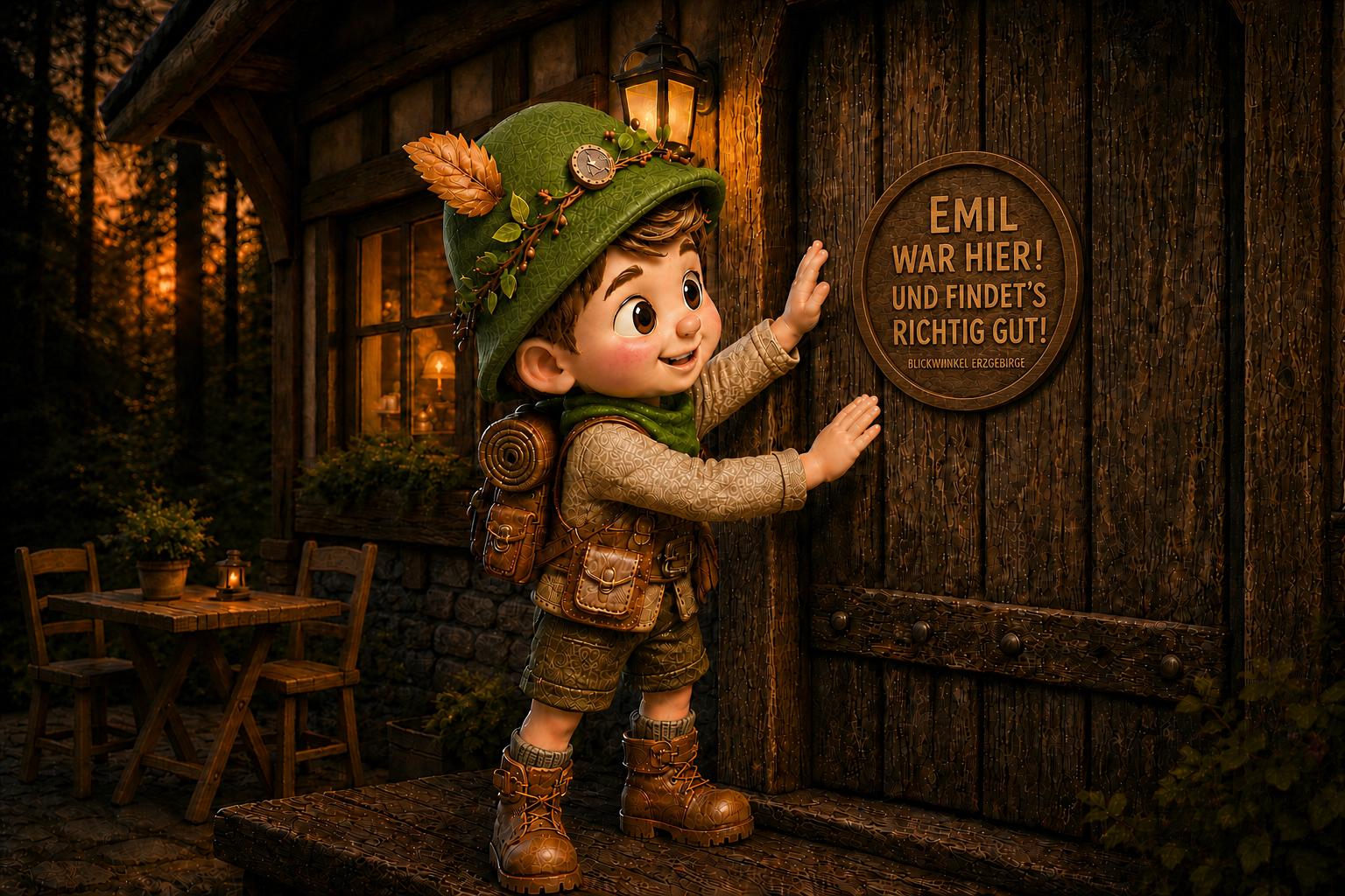 Der detailreich und klar dargestellte Emil zeigt auf ein rundes Holzschild am Eingang eines gemütlichen Waldrestaurants, in das Emil war hier und findet’s richtig gut direkt eingeschnitzt ist