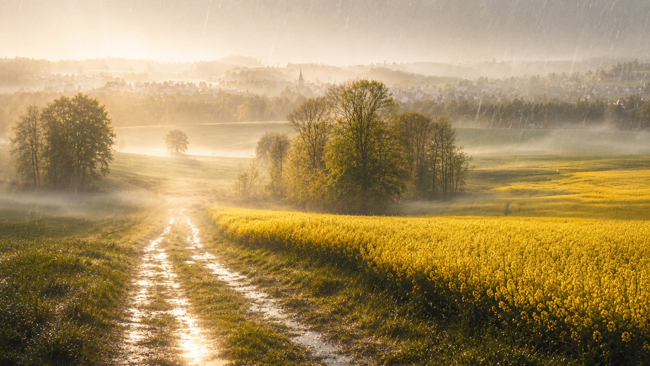 Landweg durch goldene Felder mit Blick auf einen Erzgebirgsort