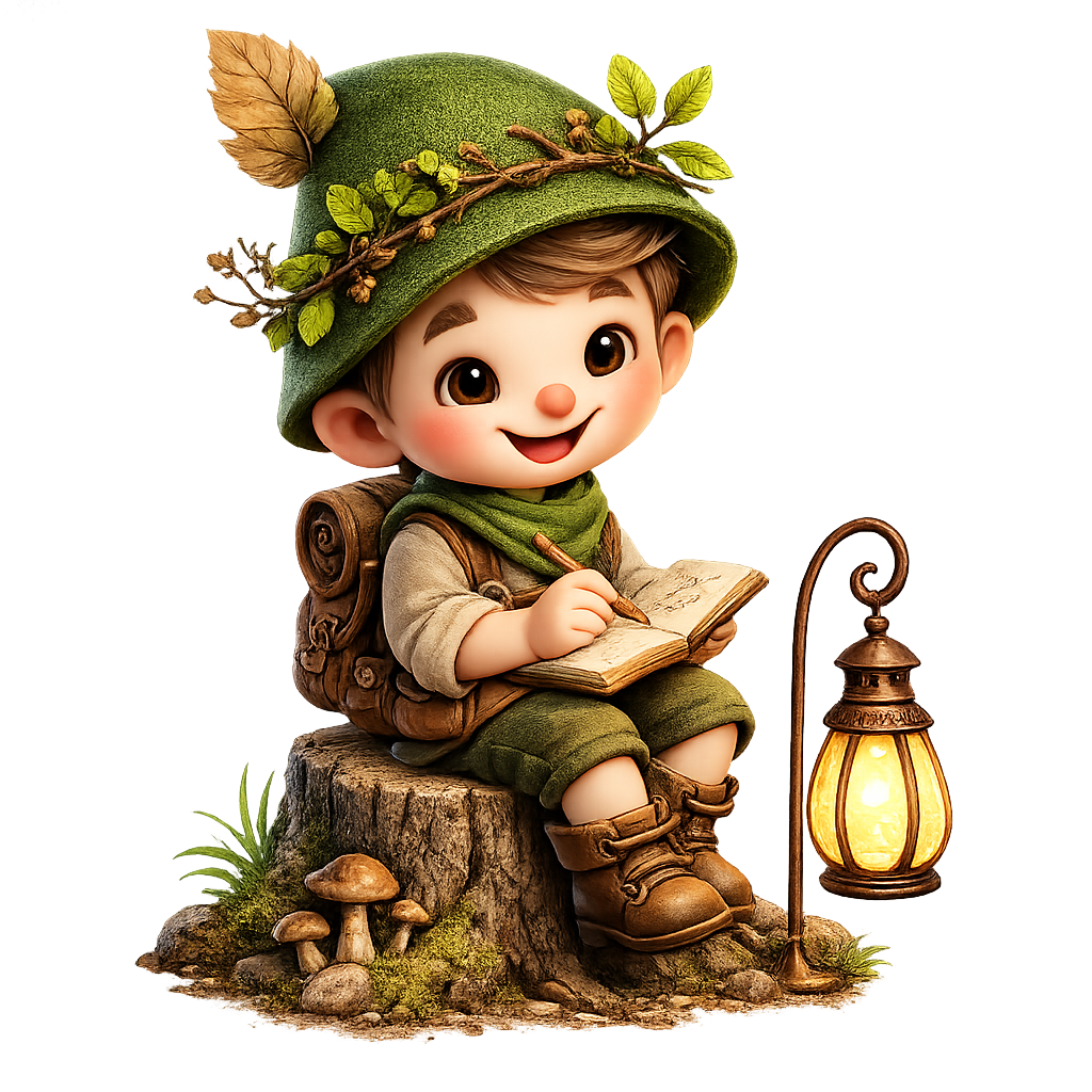 Emil, der kleine Berggeist, sitzt mit Buch und Laterne vollständig auf einem Baumstumpf
